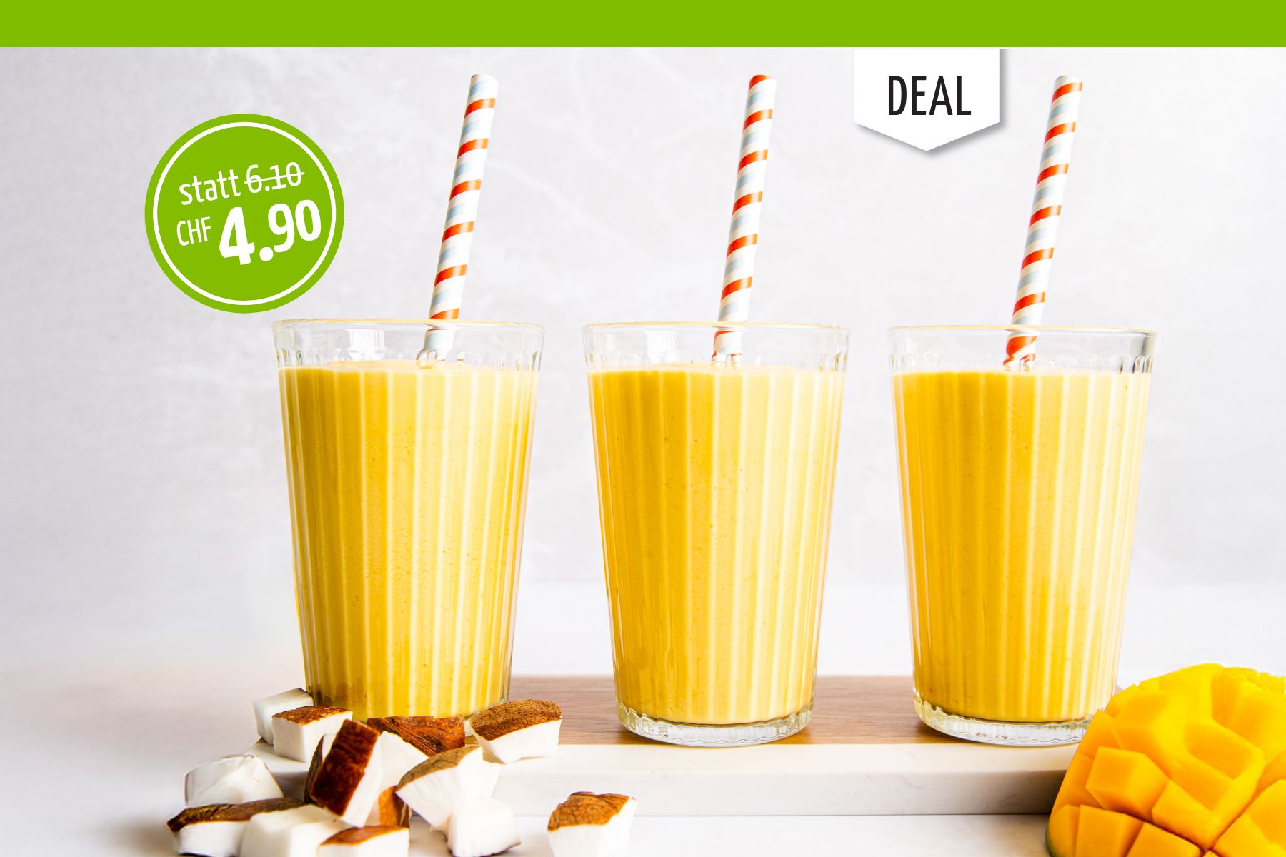 Dein Fruchtmoment: Erfrischender Smoothie zum Spezialpreis von CHF 4.90. Gültig vom 01.08. bis 30.08.2025 auf 3dl Smoothies.