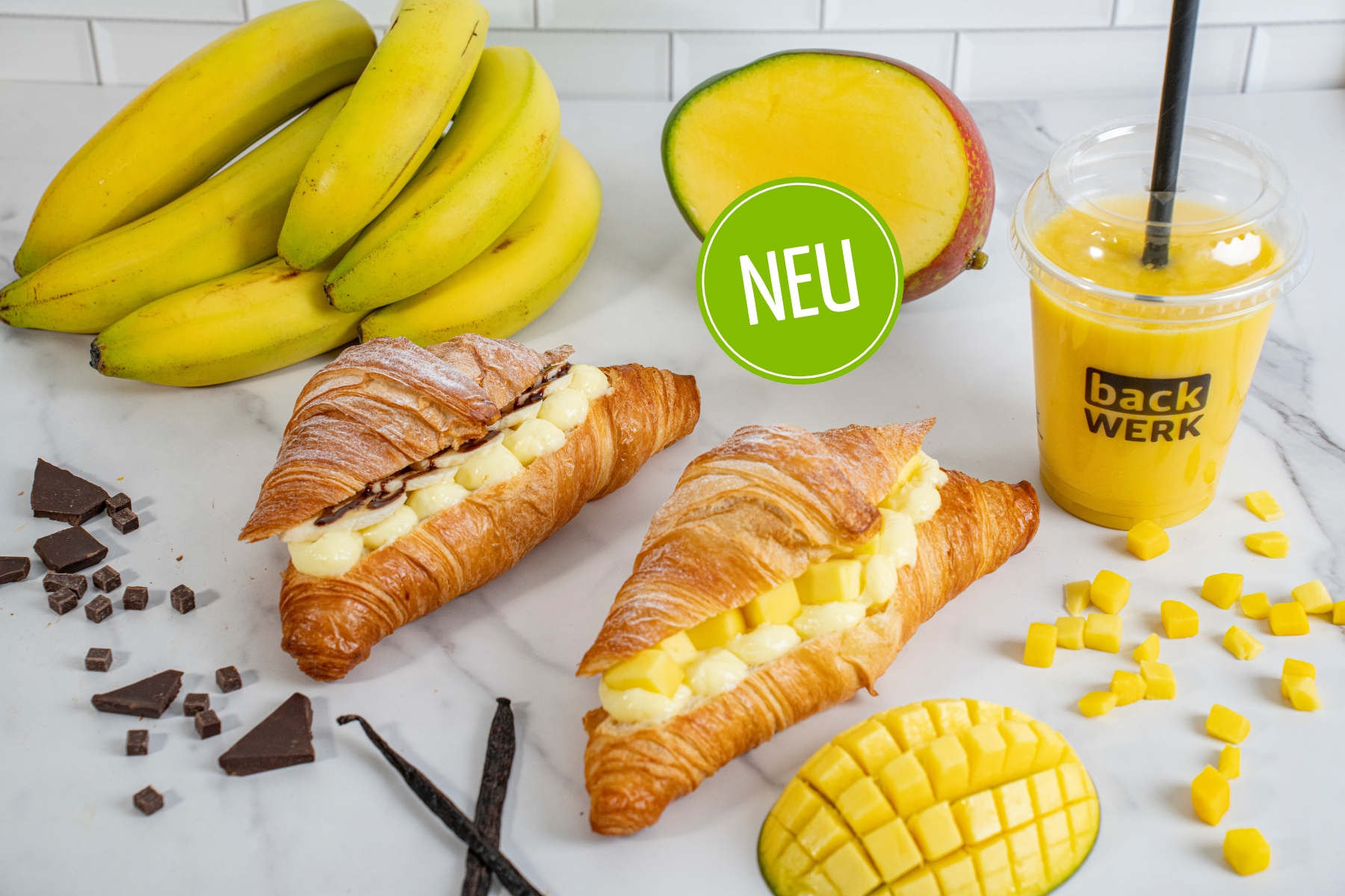 SÜSSE CROISSANTS: Probiere unsere neuen süssen Croissants mit Vanillecreme und Bananen oder Mango